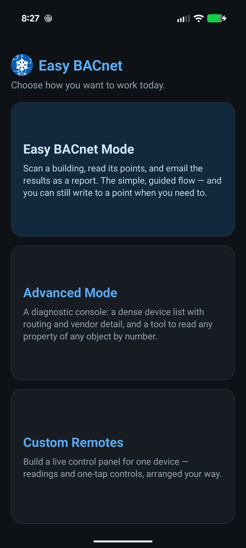 Choose a mode on the home screen