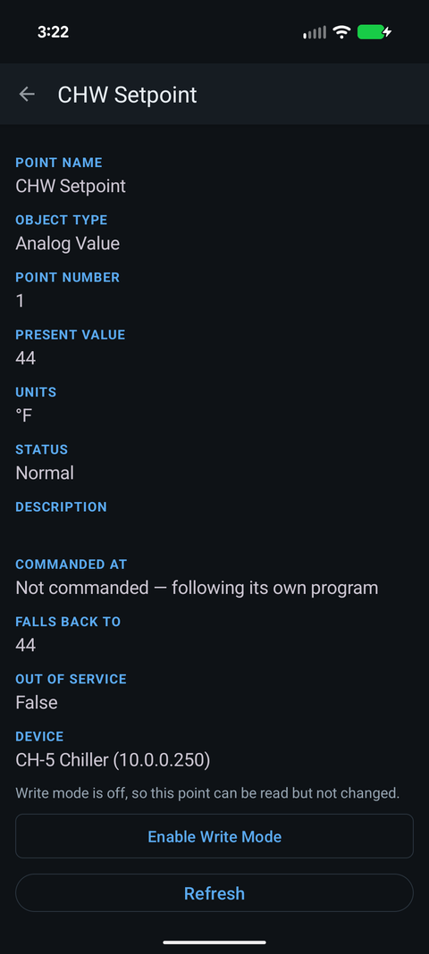 A single BACnet point showing present value, units, status flags and description