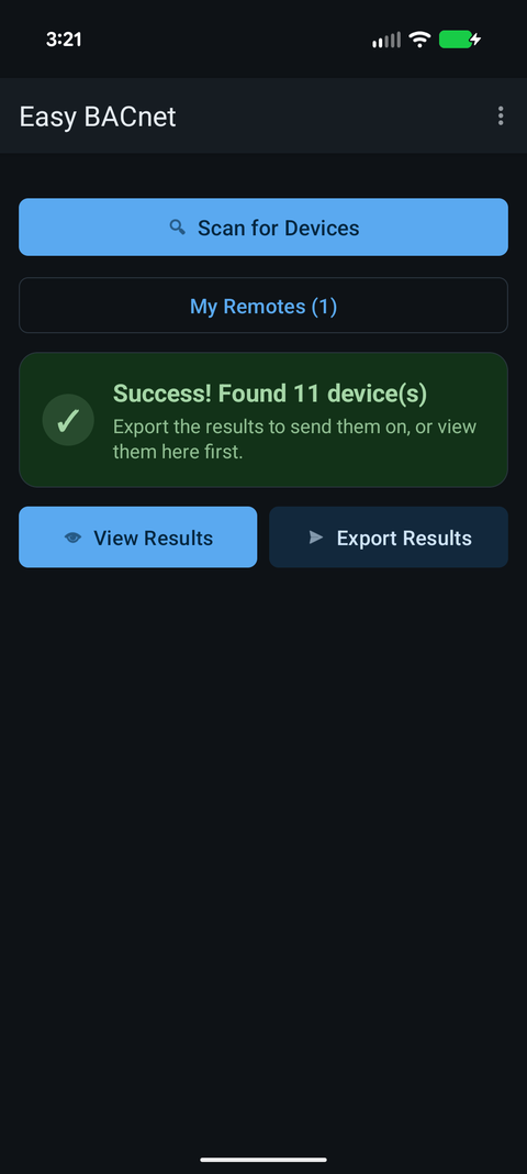 A finished scan in Easy BACnet
